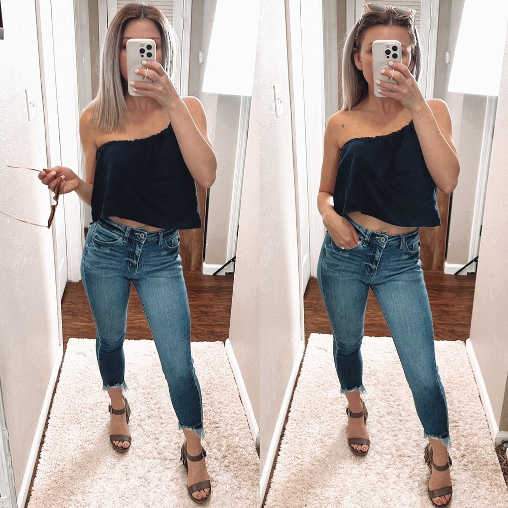 J. Robert’s Cropped navy Boho linen moon top size XS